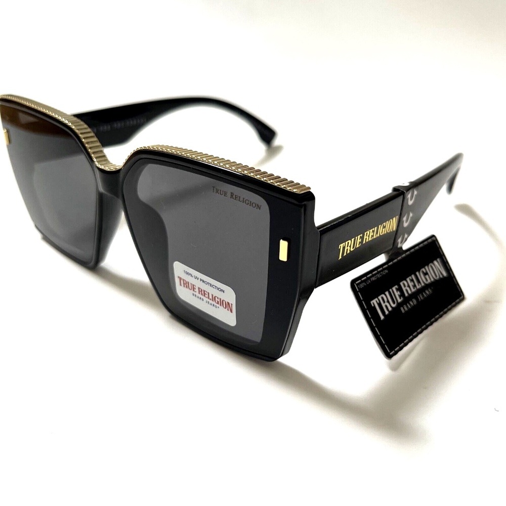 New TRUE RELIGION Square Sunglasses Oversized Black Gold Trim Acetate